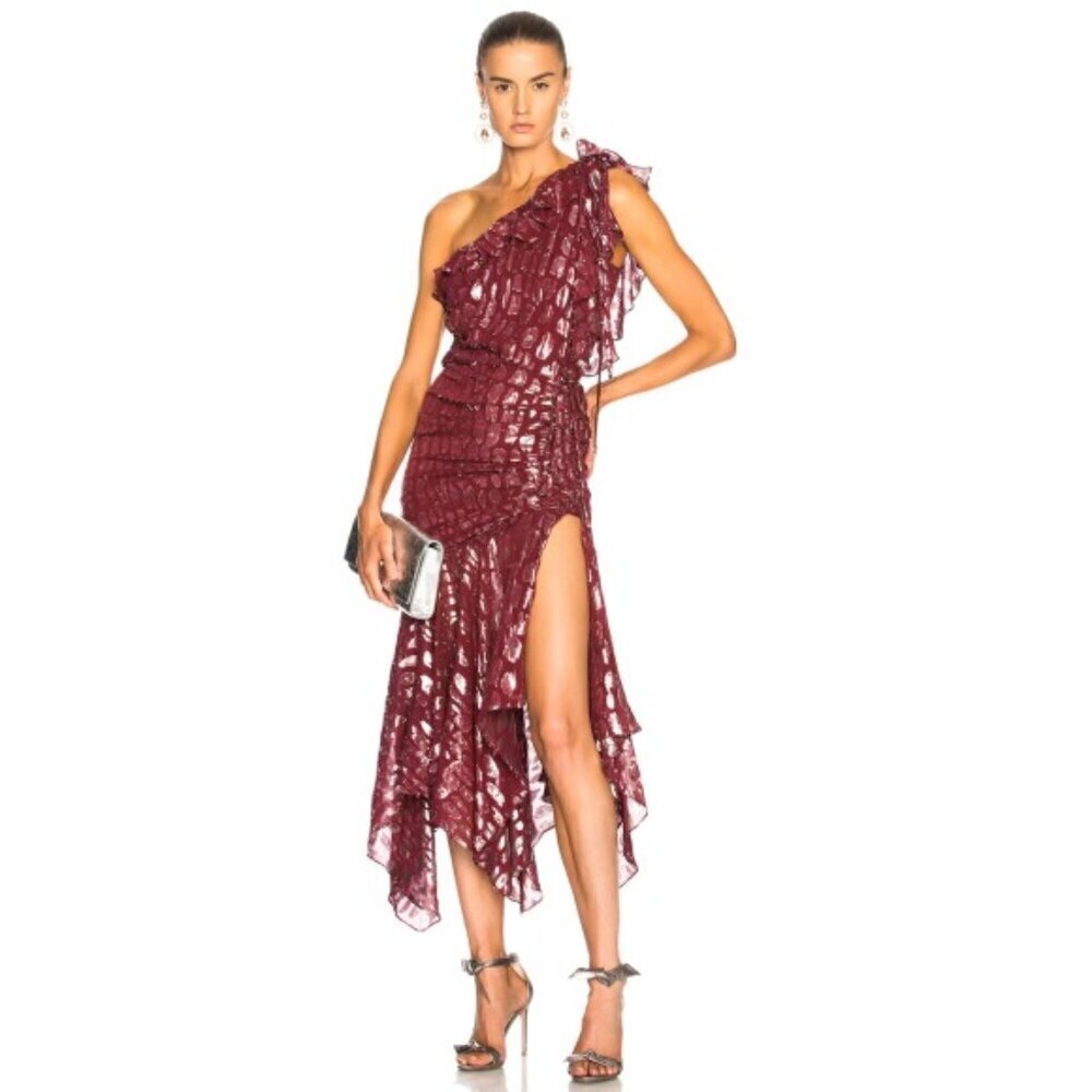 Veronica Beard 'Leighton' One-Shoulder Metallic Silk Dress, Red/Silver